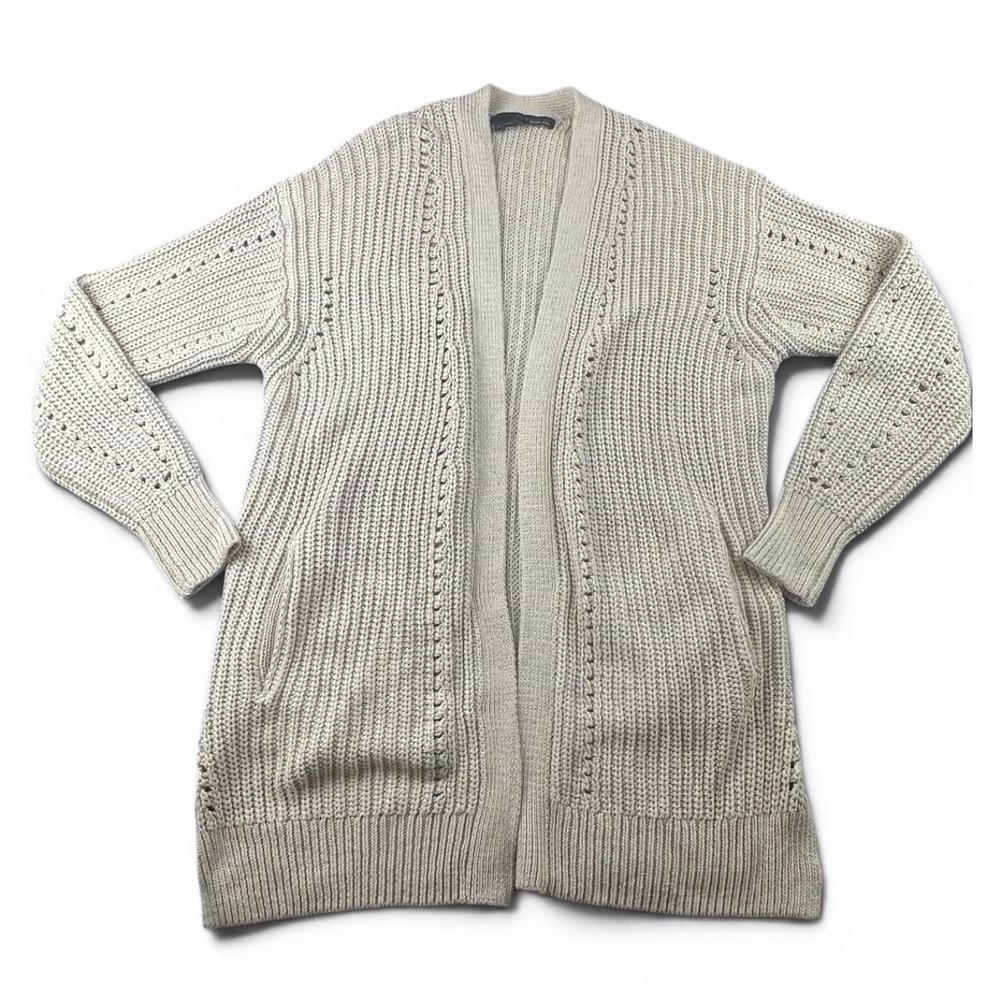360 Sweater Cardigan Women M Beige Open Front Chunky Knit Cotton Bohemian Cozy